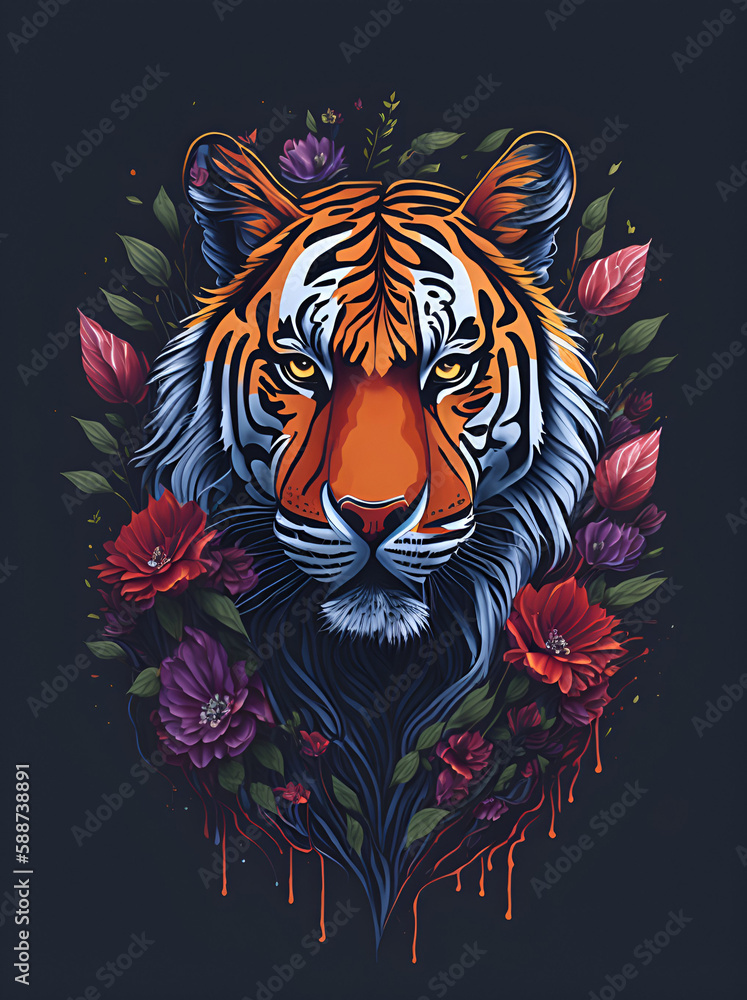 Tiger in flowers. AI generated illustration