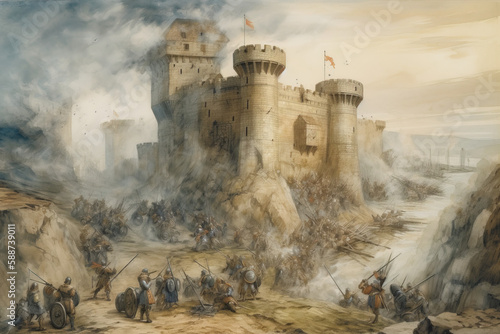 Medieval Fortress Under Siege Watercolor Painting Generative AI