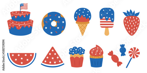 4th of July set of elements. USA Independence Day theme. Sweets in colors of the American national flag. Cake, candies, cupcake, ice cream, strawberry etc. Vector illustration on white background.