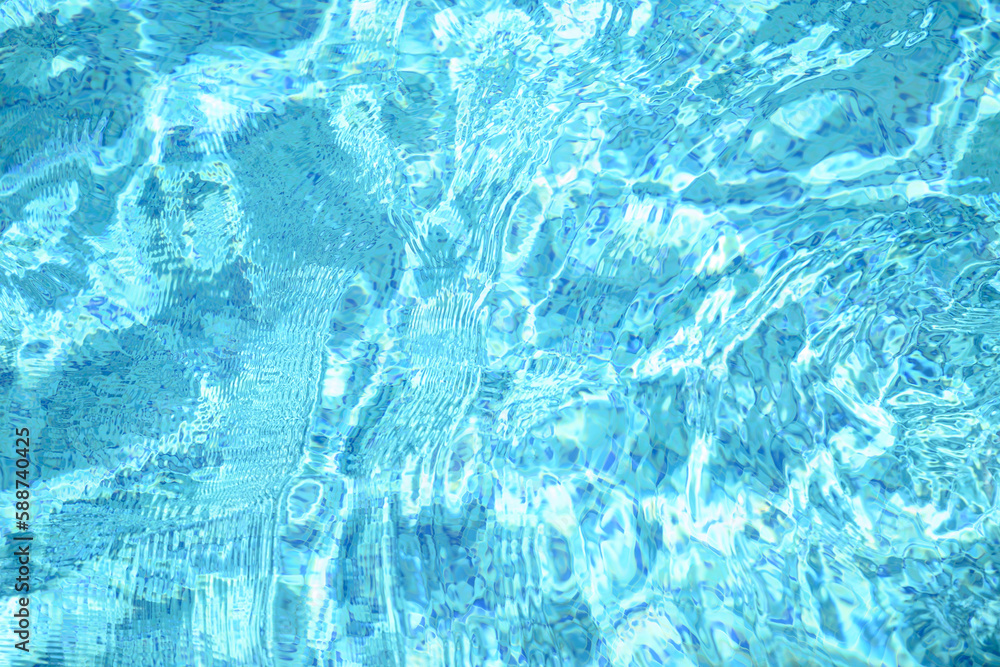 Blurred blue water in swimming pool with waves in sunlight. Abstract surface texture and nature background.