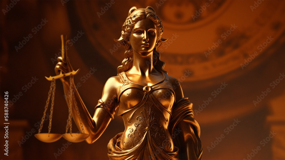 3D illustration of Lady Justice. Female sculpture holding with one hand the balance of justice. Generative AI modelling.