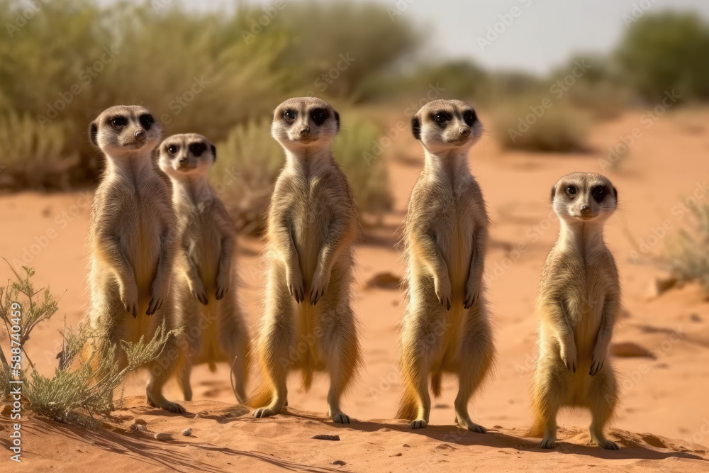 Fototapeta premium Meerkats standing still in the savannah, created with Generative AI technology.