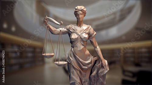 3D illustration of Lady Justice. Female sculpture holding with one hand the balance of justice. 