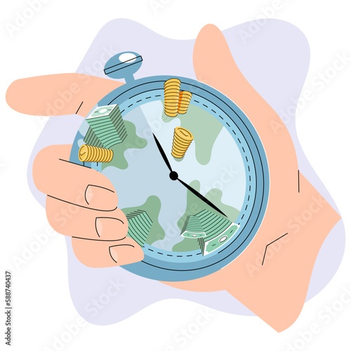 Time is money concept with coins stack and stopwatch in human hand. Quick loan. Timer and finance. Business process organization, time management, easy fast currency, control transaction with capital