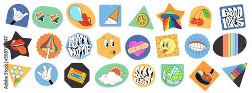 Retro groovy elements sticker pack. Funny psychedelic hippie cartoon label collection. Vintage hippy crazy various badge set. Abstract 60s, 70s trendy y2k pop culture style design. Isolated eps vector