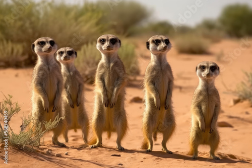 Meerkats standing still in the savannah, created with Generative AI technology.