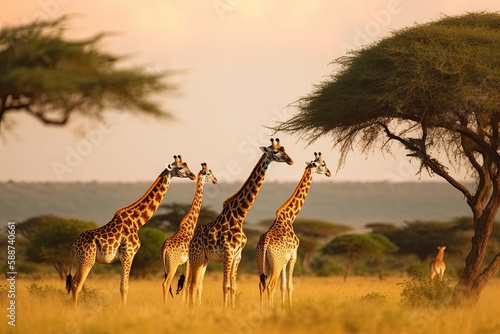 Girrafes in the savannah and sunset, created with Generative AI technology.