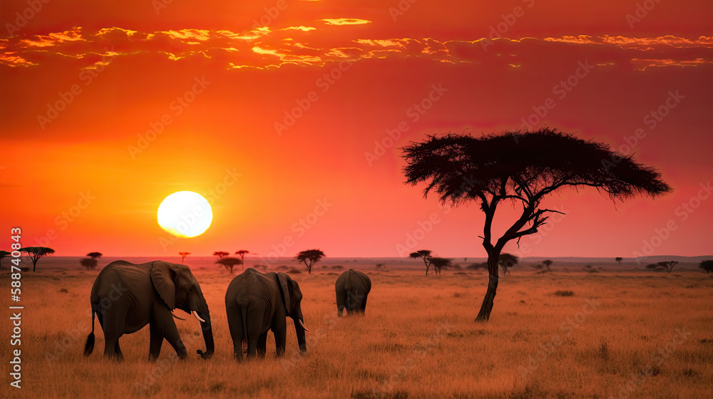 Elephants at sunset in the savannah, created with Generative AI technology.