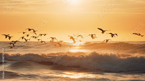 A flock of seagulls flying over the waves, created with Generative AI technology.