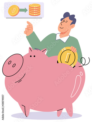Smiling businessman hold piggybank collect dollar coins form good financial investment. Happy man receive profit or income in piggy bank from savings. Invest, finance concept. Personal budget