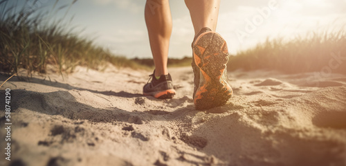 Man trail runner walking on the beach path with close up of trail running shoes. Generative AI.