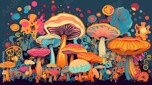 Vibrant Abstract Art: 60s-70s Retro Style Psychedelic Mushroom Clipart for a Trippy Experience. Generative AI