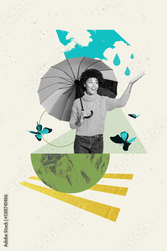 Vertical photo collage of young girl hold umbrella catch rain drops good weather summertime flying butterfly isolated on white background
