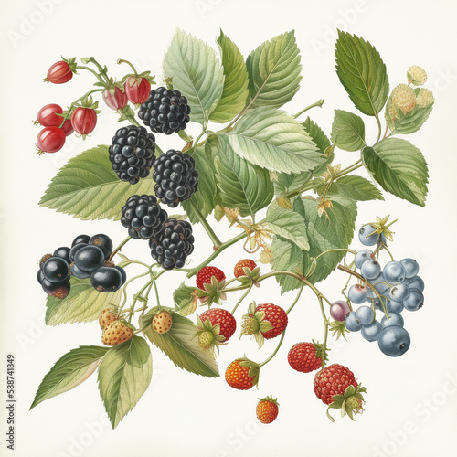 Different types of berries, botanical illustration on white background. Created with Generative AI.	