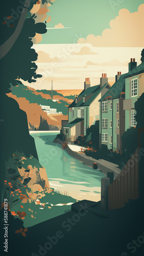 Vintage travel poster of Cornwall, England. Created with Generative AI.