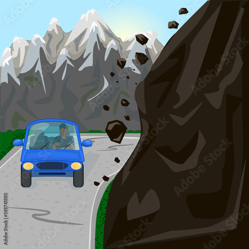 Rock fall on road. Mountain landslide with slide rocks and car on roadway. Natural disaster, earthquake, mudslide or danger concept. Dangerous cliff with debris near auto traffic. Vector illustration