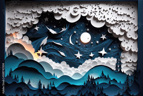 Paper art outdoor mountains and rivers night starry sky, AI generated