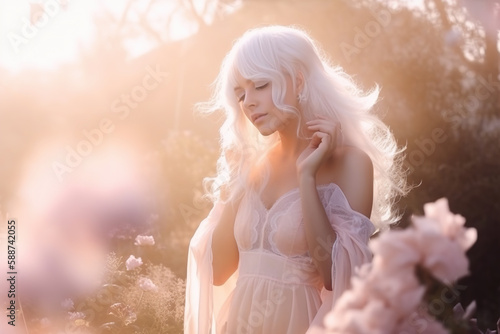 Beautiful fair-haired girl in a delicate dress among the flowers in the gentle rays of the rising sun. Gentle Fairy blonde girl in a pink blooming garden. Generative ai
