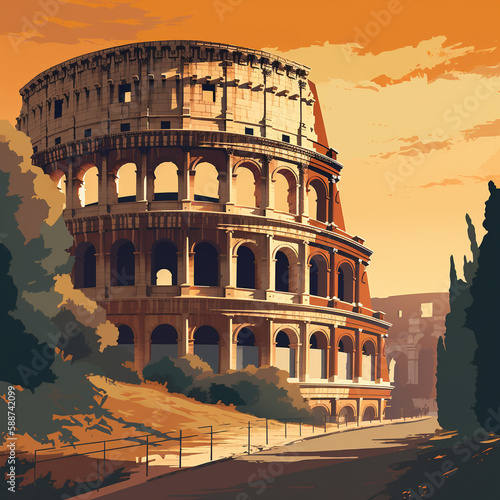 Vintage travel poster of Colosseum in Rome. Created with Generative AI.