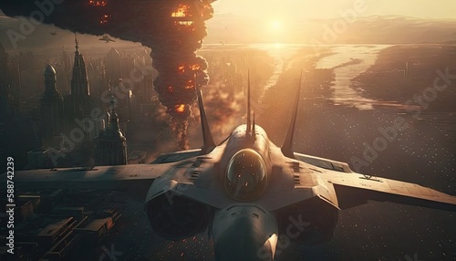 Fotografiet Futuristic Dogfight: Epic Concept Photo of Air Combat Between Fighter Planes over the City