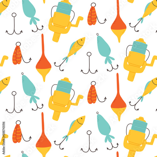 Seamless pattern with tackle and lures for fishing. Vector illustration. Flat style. Fishing print. Pattern with hooks, floats and lures.