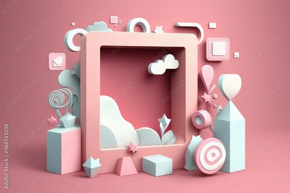 3d illustration of abstract geometric shapes composition in pink and blue colors