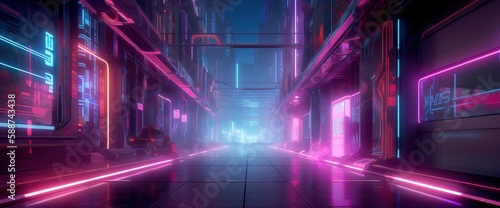 Beautiful neon night in a cyberpunk city. Photorealistic Generative AI illustration of the futuristic city. Perspective of street with blue and violet neon lights.
