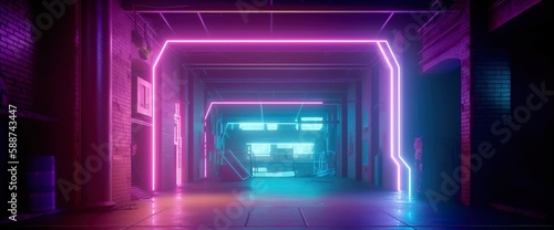 Beautiful neon night in a cyberpunk city. Photorealistic Generative AI illustration of the futuristic city. Perspective of street with blue and violet neon lights.