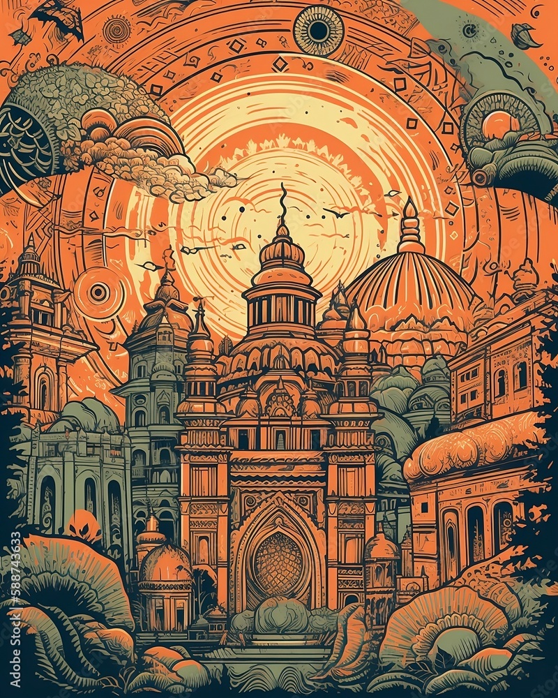 Fototapeta premium Fantasy New Delhi city surrealistic illustration poster. Creative interpretation of famous landmark and cityscape. Generative AI