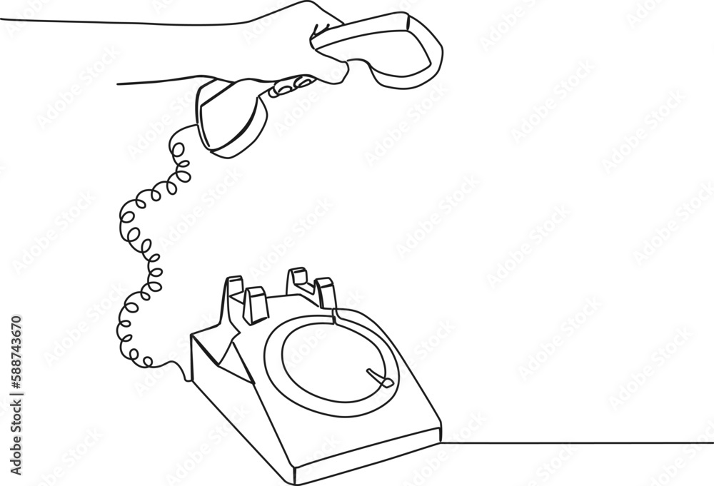 continuous single line drawing of hand picking up receiver of rotary dial telephone, line art