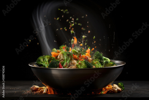 A wok cooking fresh stir fry vegetables. Generative ai