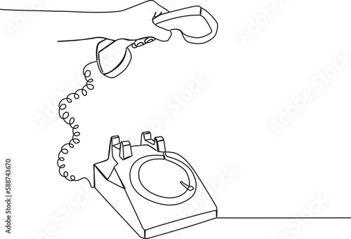 continuous single line drawing of hand picking up receiver of rotary dial telephone, line art vector illustration