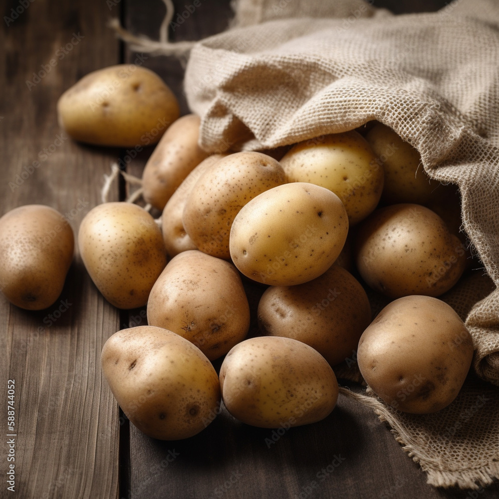 Patatas crudas en un saco de tela recogidas en el campo. Patatas lavadas crudas en fondo rústico sobre mesa de madera. Generative ai Patatas crudas en un saco de tela recogidas en el campo. Patatas lavadas crudas en fondo rústico sobre mesa de madera. Generative ai