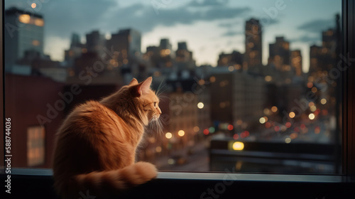 Cute orange cat sitting on a windowsill overlooking a bustling city street - Generative AI