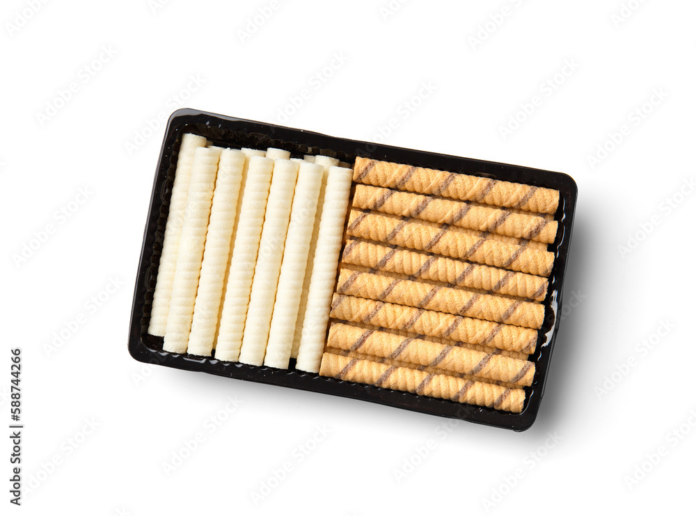 Wafer rolls in a package on a white background top view. Wafer rolls in a package on a white background top view.