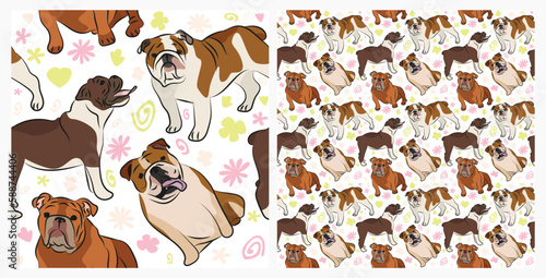 Spring pattern with spirals, leaf, flowers, English bulldog dogs. Pastel colors. Elegant, soft seamless background, abstract summer pattern with hand-drawn colorful shapes. Delicate, gender-neutral
