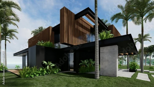 4K video rendering of modern cozy house with parking and pool for sale or rent with wood plank facade by the sea or ocean. Sunny day by the coast with palm and flowers in tropical island Fly-walk