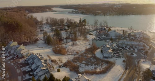aerial 4K drone footage of Lake Saratoga in Upstate New York in the winter photo