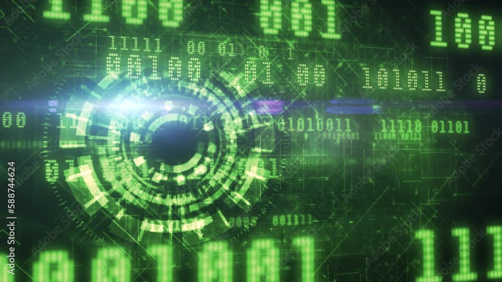 Cyber surveillance animated 3D digital eye design with complex circuitry and binary code elements in a 3D digital space in green color scheme on a dark background Cyber surveillance animated 3D digital eye design with complex circuitry and binary code elements in a 3D digital space in green color scheme on a dark background