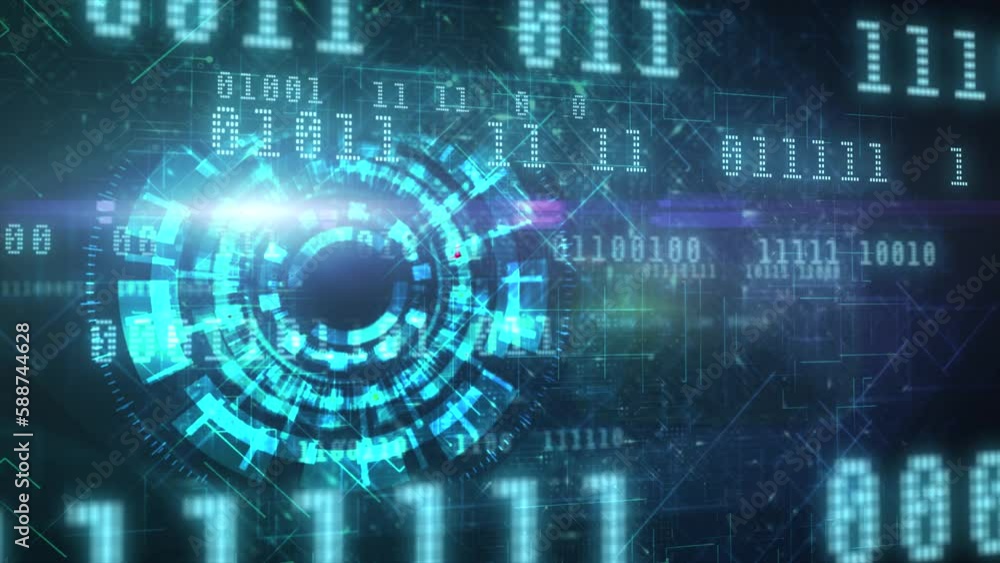 Cyber surveillance animated 3D digital eye design with complex circuitry and binary code elements in a 3D digital space in teal color scheme on a dark background Cyber surveillance animated 3D digital eye design with complex circuitry and binary code elements in a 3D digital space in teal color scheme on a dark background
