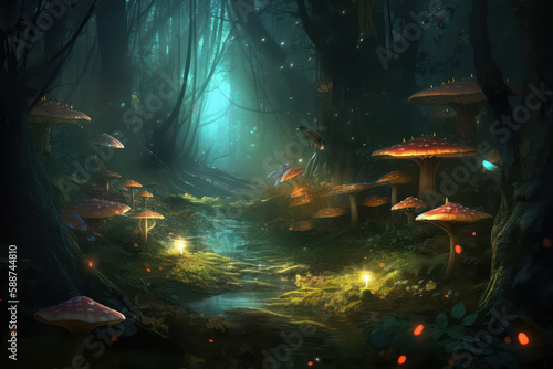 Fairytale Magical Forest with Glowing Mushrooms at Night