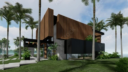 4K video rendering of modern cozy house with parking and pool for sale or rent with wood plank facade by the sea or ocean. Sunny day by the coast with palm and flowers in tropical island Fly-walk