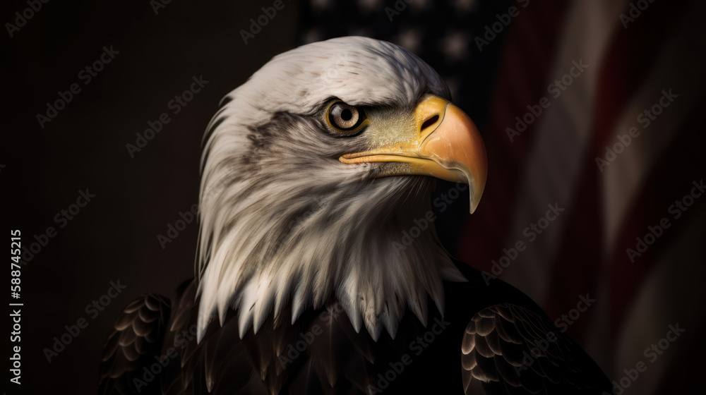 American Pride: Bald Eagle with USA Flag Background. Generative AI