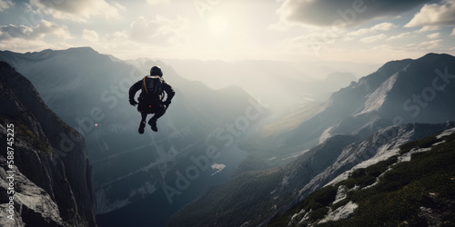 Leap of Adventure: Base jumper jumping from mountain cliff. Generative AI photo