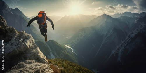Leap of Adventure: Base jumper jumping from mountain cliff. Generative AI