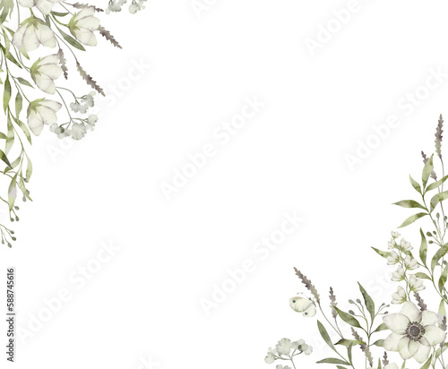 Floral background with wildflowers and leaves decoration. Watercolor illustration. Perfect for print card, invitation and background.