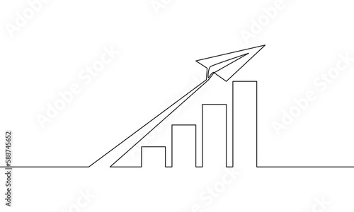 Continuous line drawing of graph business icon. Paper plane up. Bar chart, Object one line, single line art, vector illustration