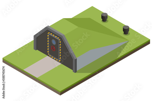 Isometric concrete bomb shelter, Bunker, bombproof shelter, air-raid shelter. Underground bomb shelter with beds, a supply of food for the survival of people during a war or nuclear contamination