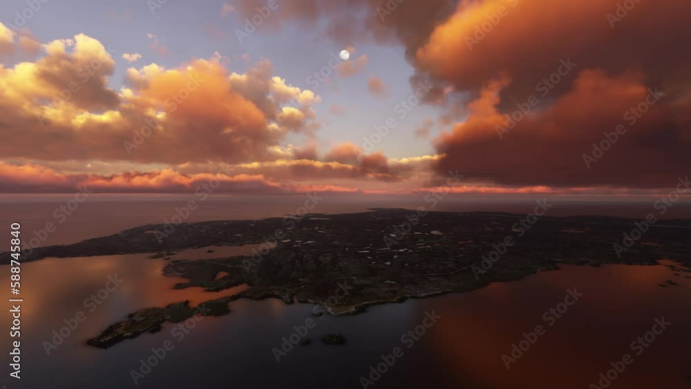 Sunset Aerial View of Fogo Island with Moon in the background. Canada Sunset Aerial View of Fogo Island with Moon in the background. Canada