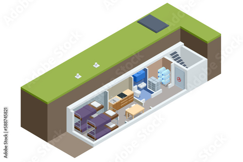 Isometric concrete bomb shelter, Bunker, bombproof shelter, air-raid shelter. Underground bomb shelter with beds, a supply of food for the survival of people during a war or nuclear contamination